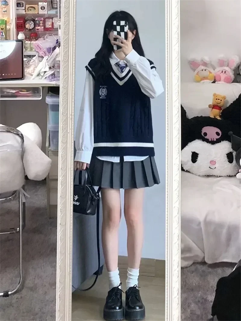 Conjunto de camiseta plisada de punto para niña, chaleco largo con cuello en V para estudiantes, traje Preppy, estilo de manga gris, de 3 piezas conjunto coreano, otoño