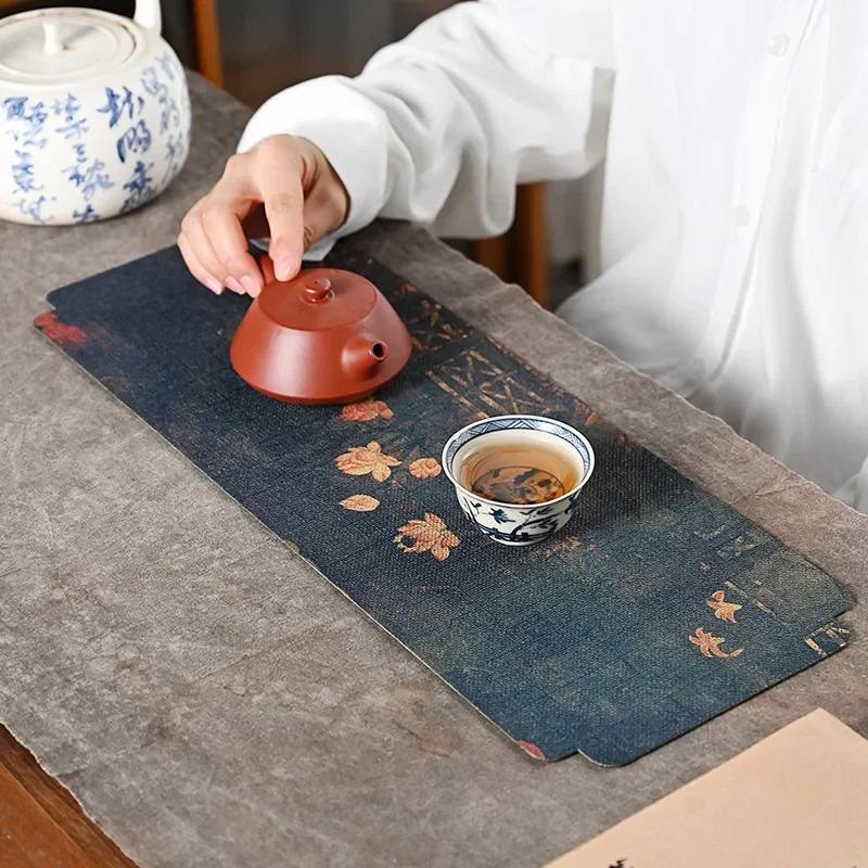 Double sided retro tea mat waterproof Zen dry brewing single person tea towel cloth mat table flag tea ceremony accessories