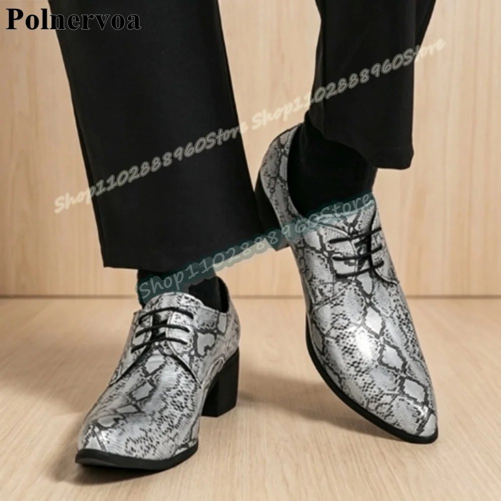 

Trendy Python Skin Cross Tied Men Pumps Thick Heel Shoes For Men Slip On Pointed Toe Banquet Fashionable Catwalk 2026 Men Pumps