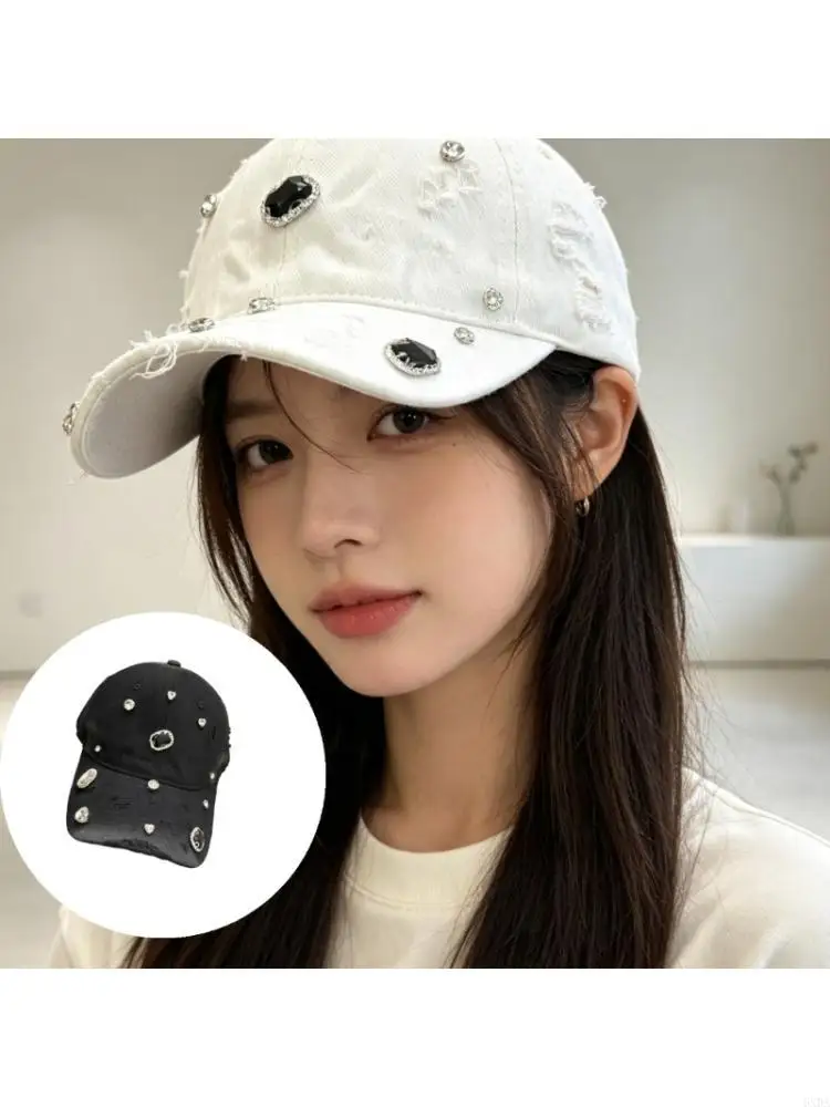 Soft cotton baseball cap with stone trim adjustable hat for daily outfit update 6XDA