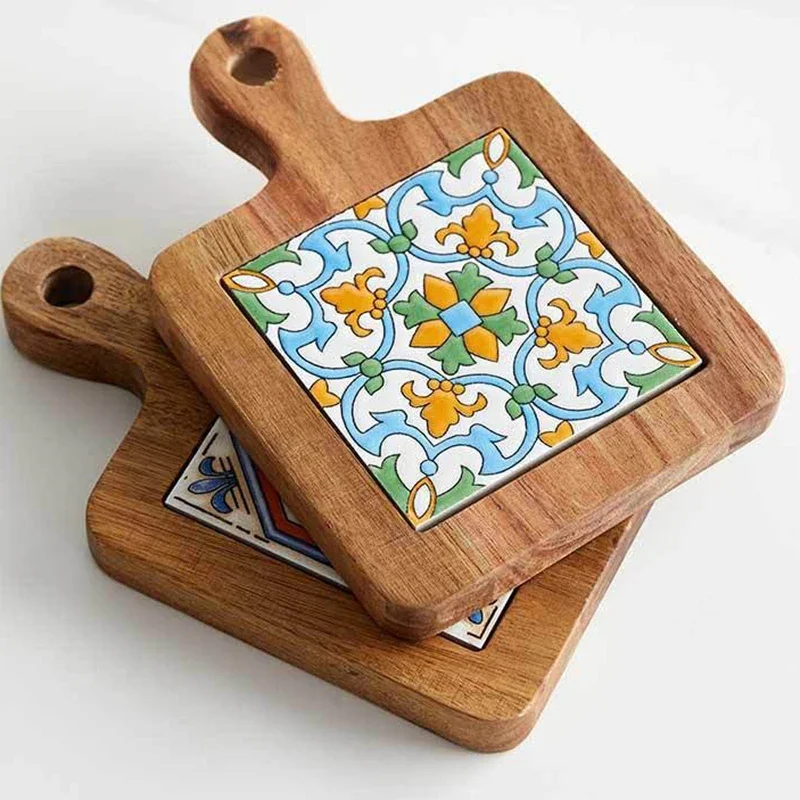 Wood Japanese Style Coasters Pot Mat Creative Drink Anti-Scalding Placemats Insulated Delicate Art Pattern Non-slip Cup Mat