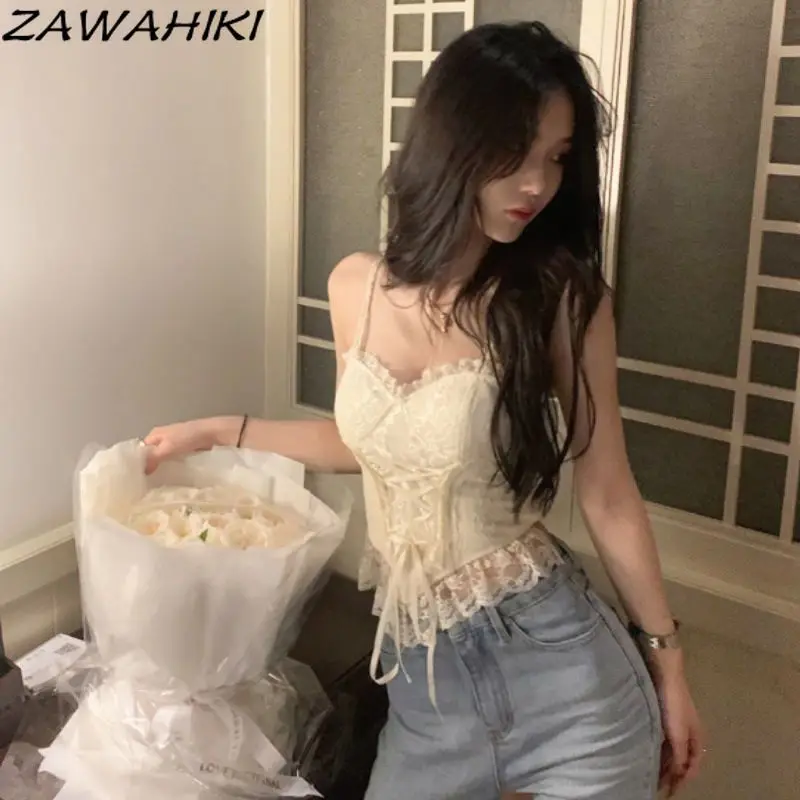 

Y2k Tops Lace Designed Slim Solid Color V-neck Patchwork Sweet Sexy Sleeveless Camisole Korean Fashion Clothing Ropa De Mujer