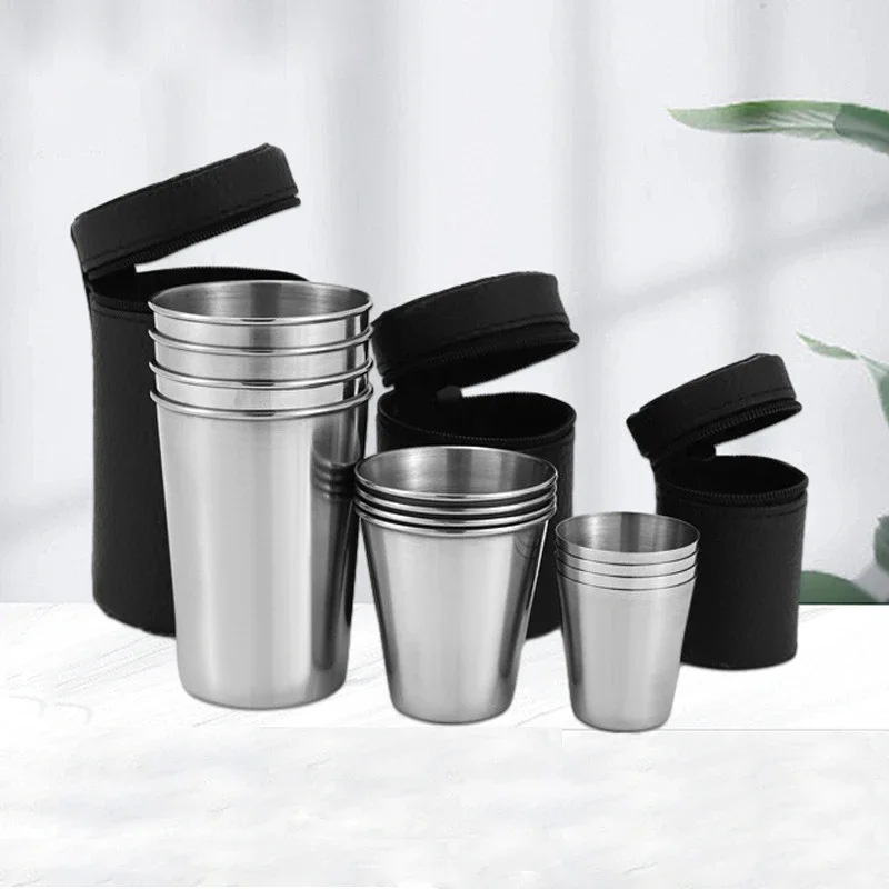 4Pcs Outdoor Practical Travel Stainless Steel Cups Mini Set Glasses For Whisky Wine With Case Portable Drinkware 30ml/70ml/170ml