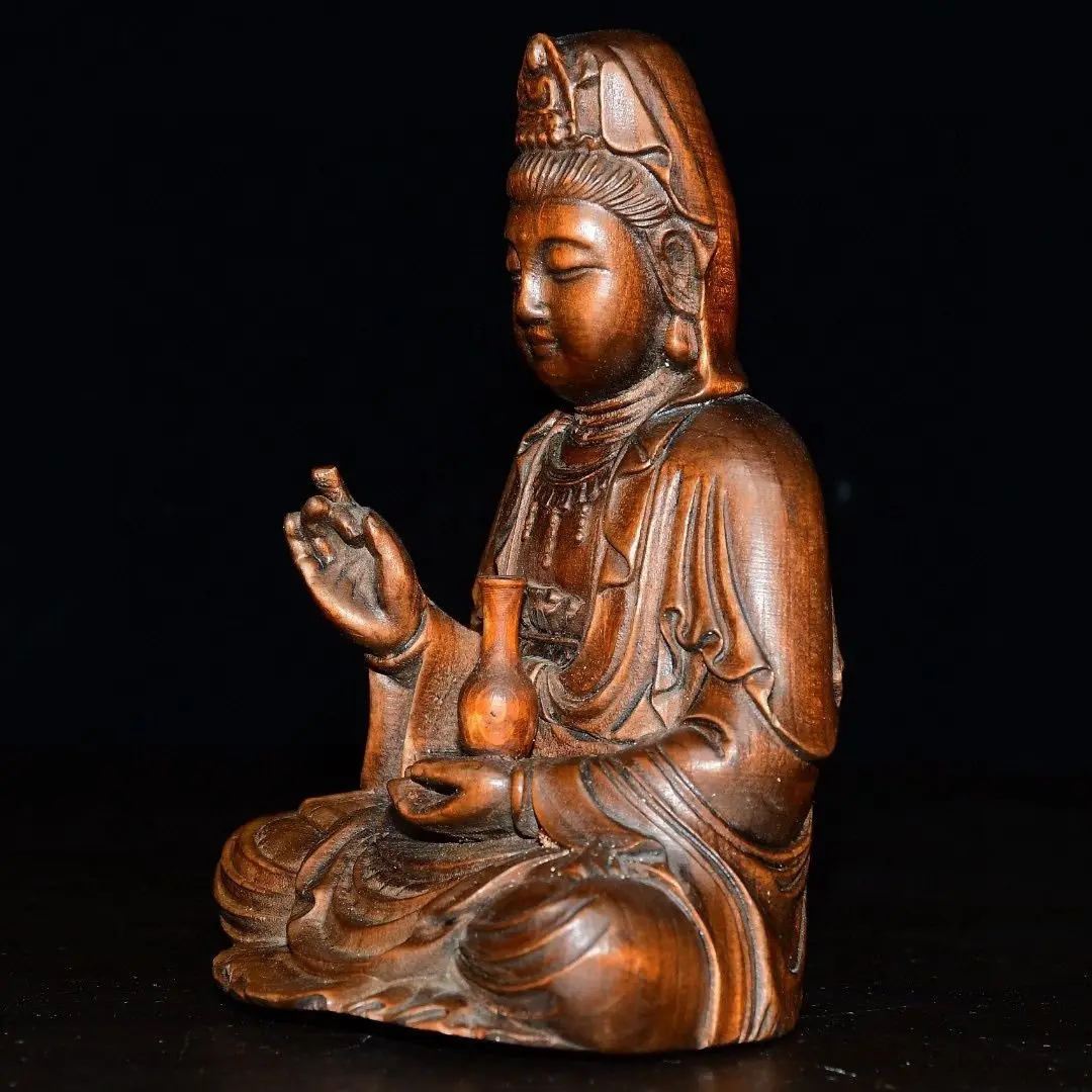 Hand Carved Wood Sitting watering guan yin buddha Statue Figurine Desktop Ornaments Home Decoration