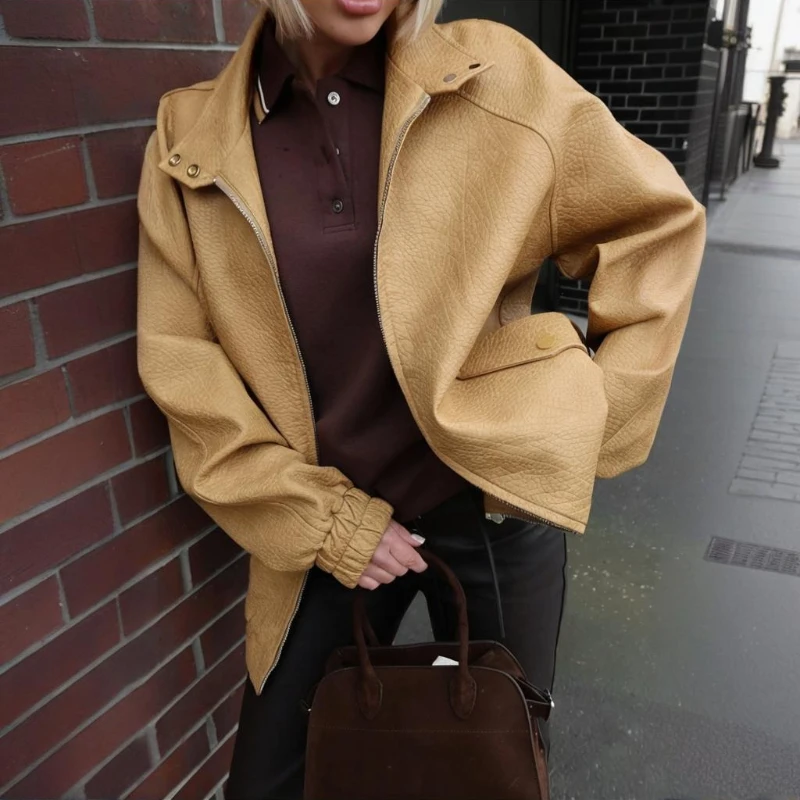 TARUXY Loose Zipper Leather Jacket Women Standing Collar Solid Splicing Long Sleeves PU Leather Coat Autumn High Street Clothing