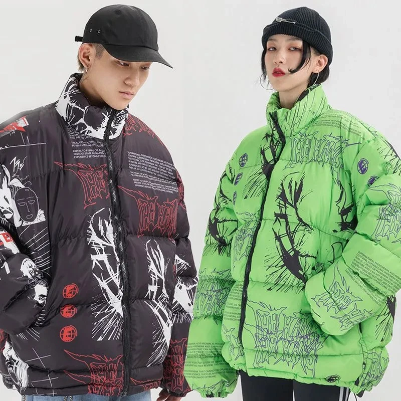 Graffiti Cartoon Anime Jacket Parka Men Women Winter Outdoor Warm Thicken Harajuku Vintage Couple Padded Coats Unisex Streetwear