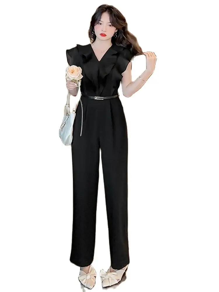 2024 New Korean Summer Ruffles Sleeveless Elegant Business Jumpsuits For Women Office OL Slim Wiast Belt Long Rompers