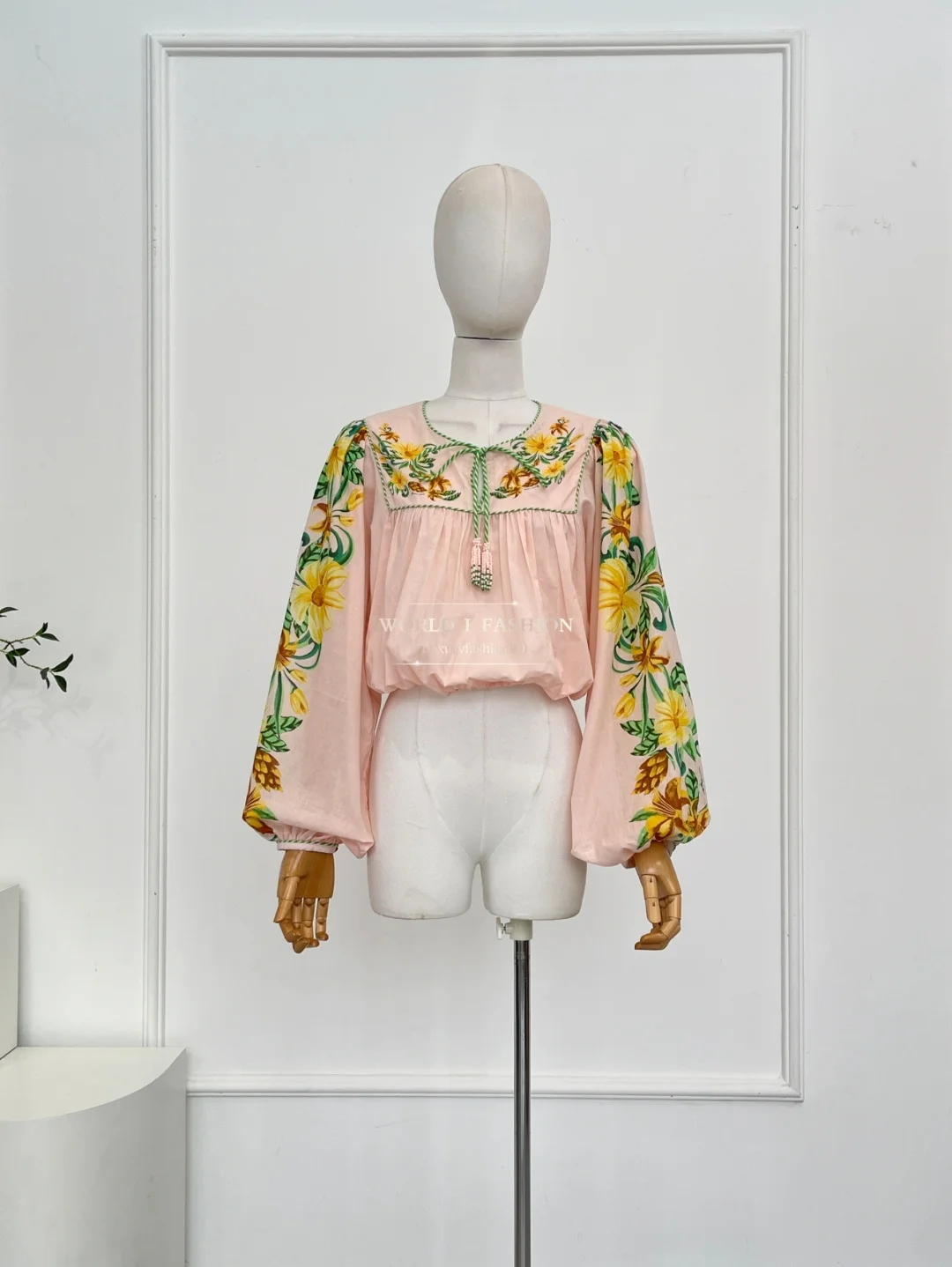 

Women's Pink Long Sleeve Embroidered Floral Print Blouse Tops
