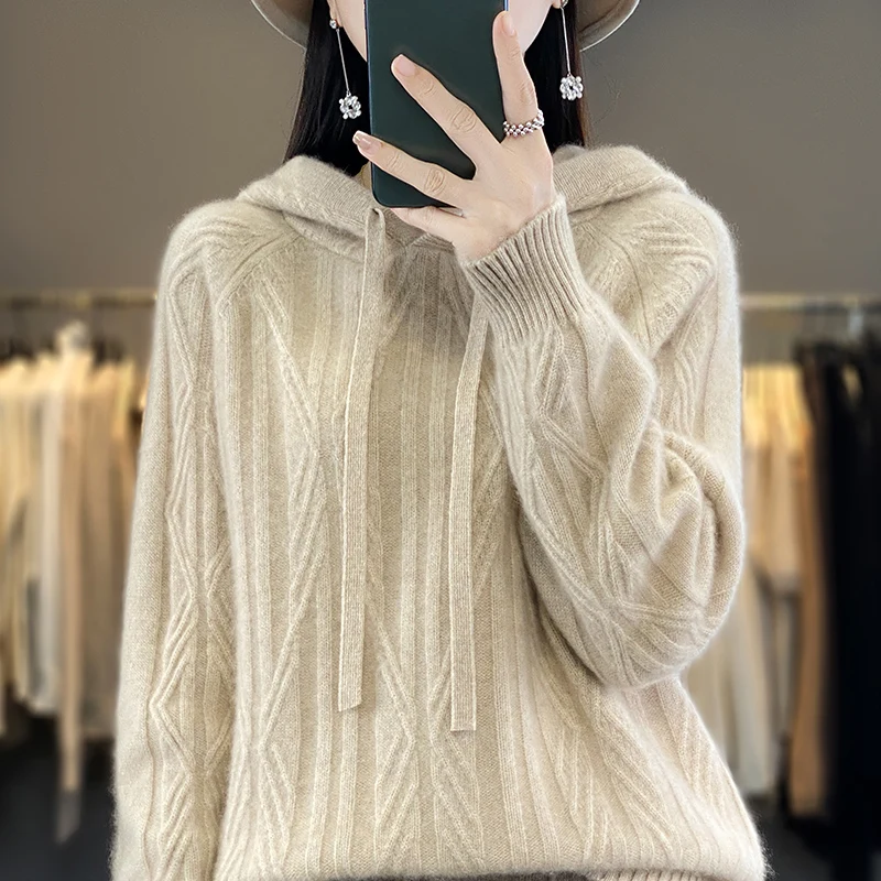 

Women's 100% wool cashmere hooded sweater casual knitting high-end autumn and winter women's pure wool sweater pullover new prod