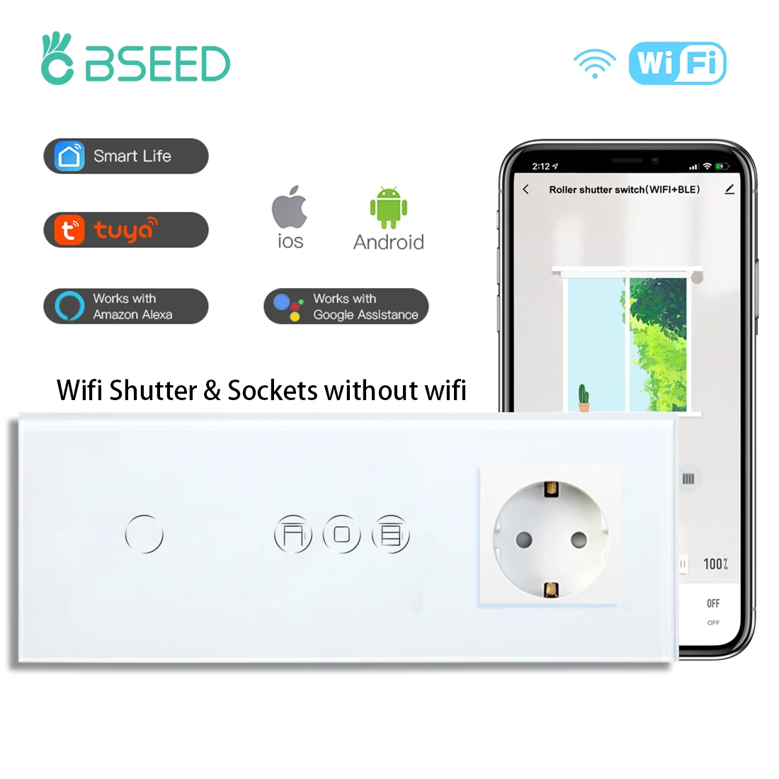 

BSEED 1/2/3 Gang Wifi Touch Light Switches Smart Blinds Shutter Switch Tuya Smart Life Alexa App Control Plus Normal EU Socket