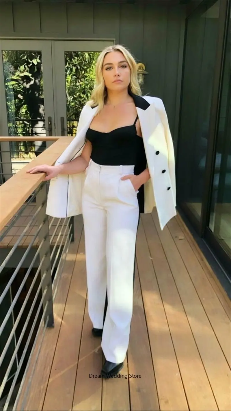 I più nuovi abiti da donna Set Patchwork con risvolto con visiera Designer Blazer bianco + pantaloni Set da 2 pezzi abiti da ballo da donna da ufficio formale