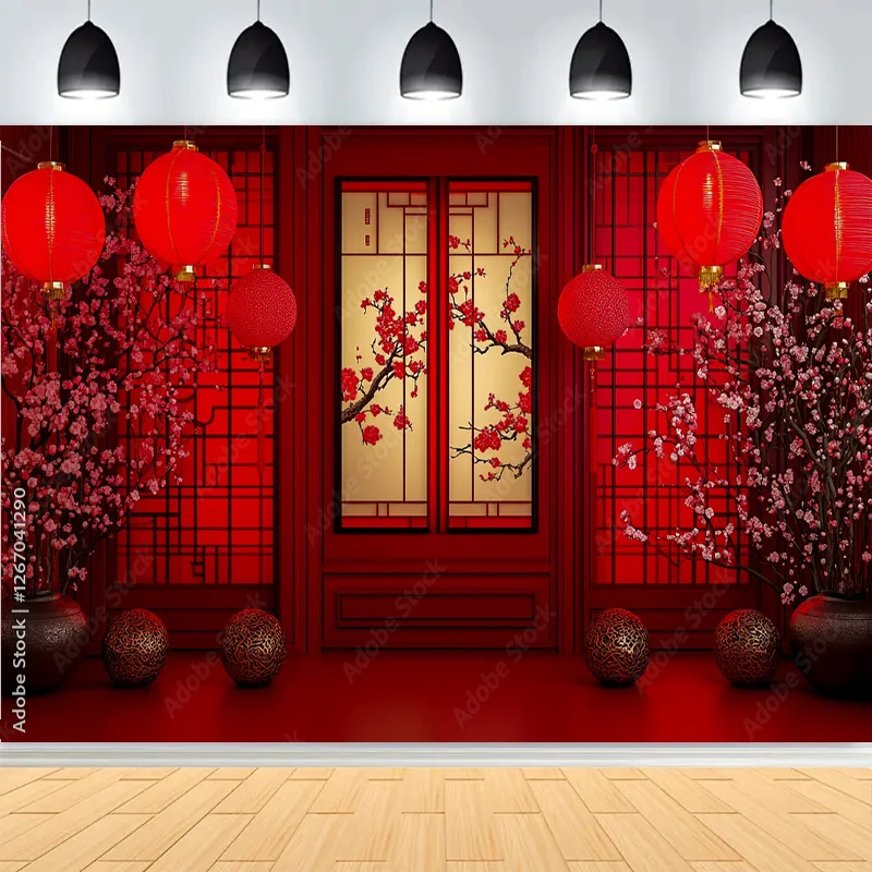 Элегантный китайский новогодний декор фотографии фонов красные фонарики цветы украшенные весенним праздничным фото фон DL-04