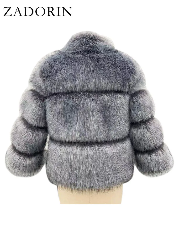 ZADORIN Luxury Winter Jacket Women Stand Collar Three-quarter Sleeve Fluffy Warm Faux Raccoon Fur Coat Cropped Jacket Tops Coats