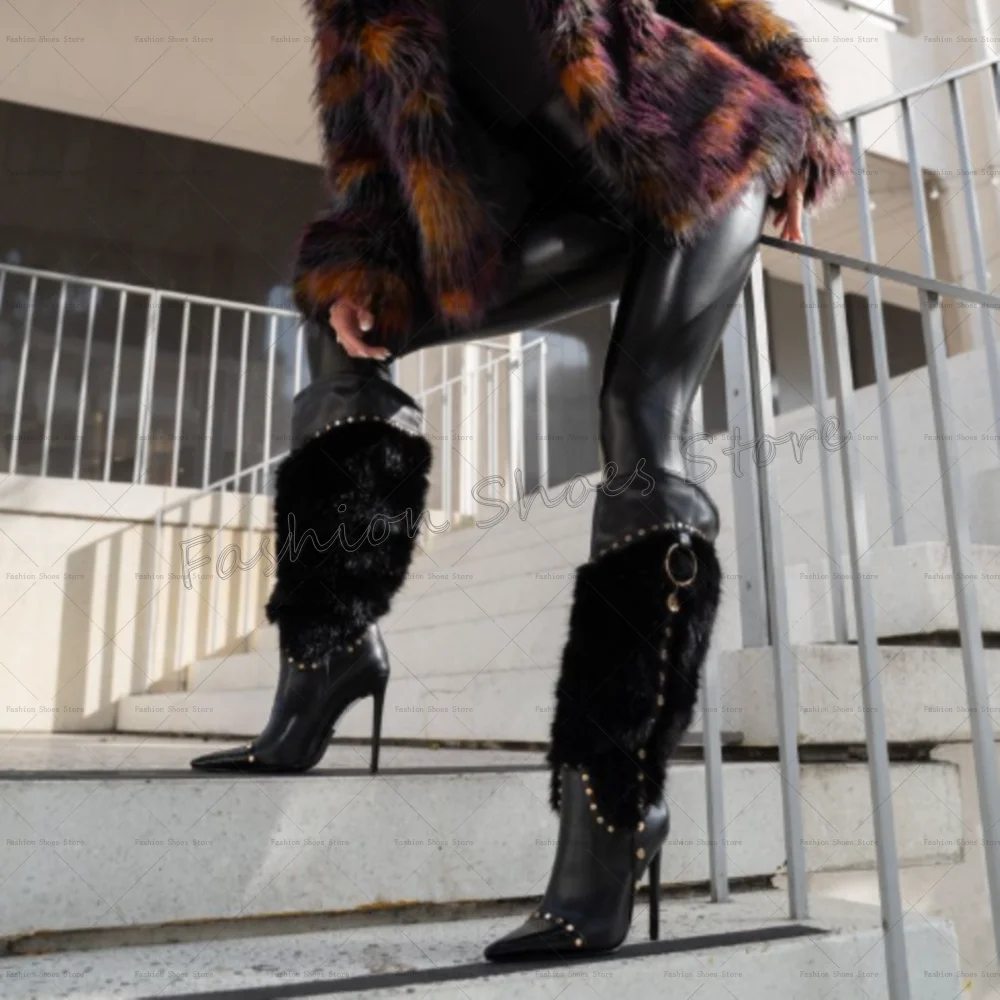 

Black Pointed Toe Fur Decor Boots Matte Leather Women Shoes Stilettos High Heels Party Banquet Dating 2025 Zapatos Para Mujere