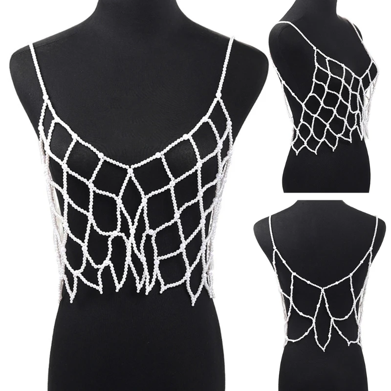 Women Handmade Woven Body Chain Camisole Imitation Pearl Crystal Beaded Vest Hollow Out Mesh for Tank Top Body Jewelry Festival