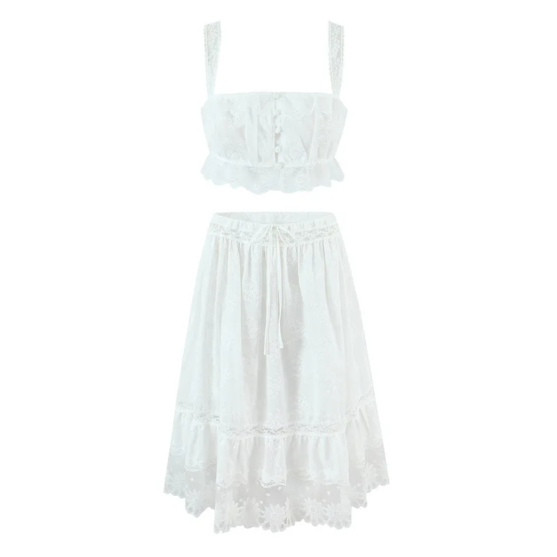 Women Romantic  High-rise Beach  Laced in Light Midi Skirt +Daydream Crop-top