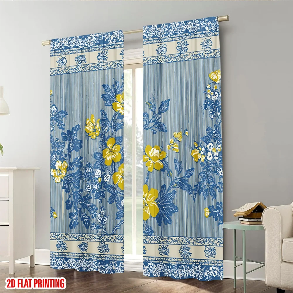2 قطعة، ستائر مطبوعة بطباعة طائرة أزرق أصفر خطوط زهرية بوليستر (بدون قضيب) ديكورات داخلية للاستخدام لغرفة النوم،