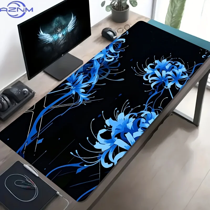 1pc Large Size Esports Gaming Mouse Pad, Black Background Blue Morning Glory Easy National Trend Line Illustration, Non-Slip Rub