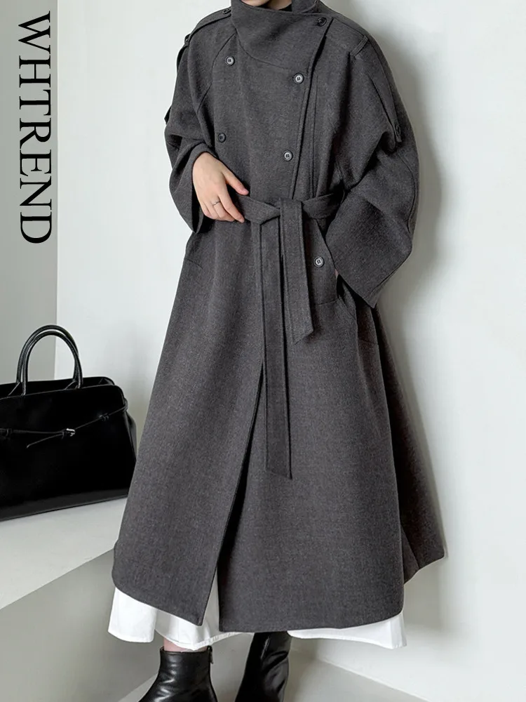 

WHTREND Double-breasted Long Trench Coat For Women Autumn New Belt Windbreaker Office Lady Fashion Coats Korean Style WH1548