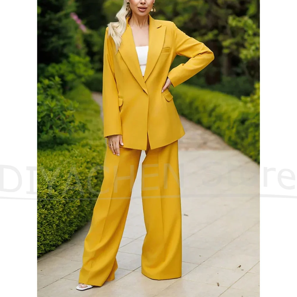 

Женский желтый костюм, модный свободный пиджак с широкими брюками, офисная повседневная одежда, модный элегантный облегающий наряд из двух предметов