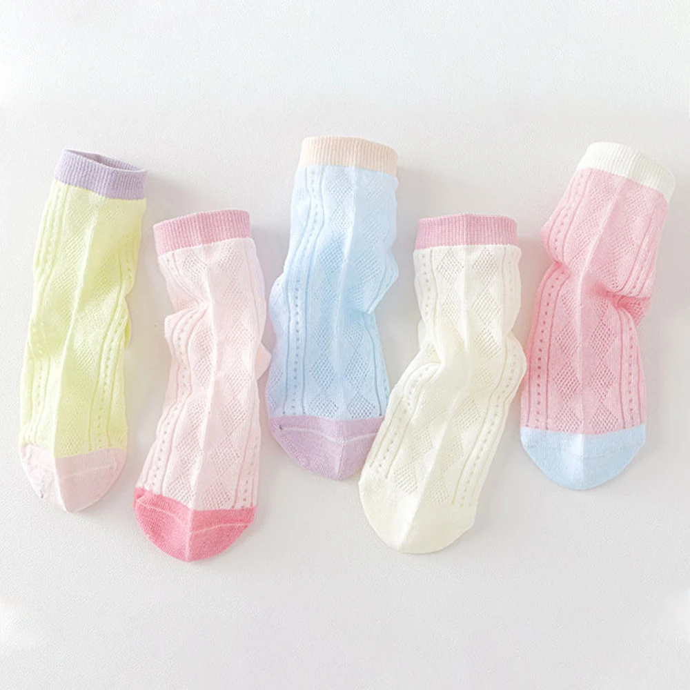 5 Pairs Cute Candy Color Kids Socks Summer Mesh Breathable Cotton Socks For Girls Hollow Out Mid Calf Children Casual Socks