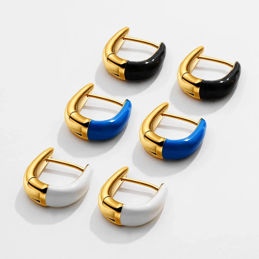 Pendientes de aro chapados en oro con forma de U para mujer, aros geométricos de esmalte blanco, joyería versátil diaria, diseño de aceite por goteo, nuevo encanto