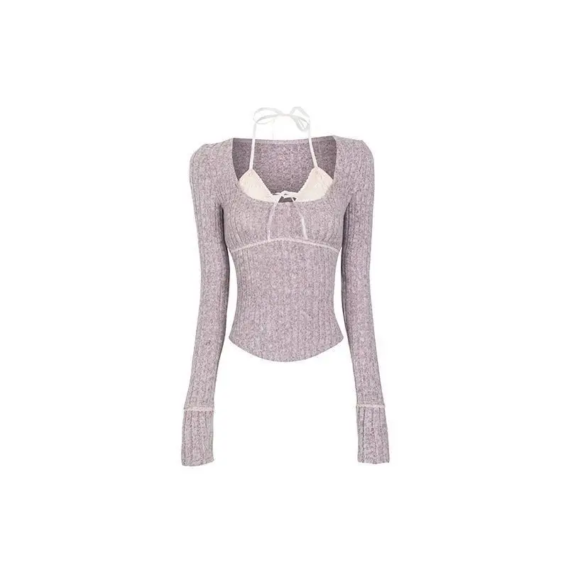 Knitted Tops Women Sweet Lace Patchwork Halter Slim Fit Short Sweater Autumn Vintage Long Sleeve Y2k Aesthetic Pullover