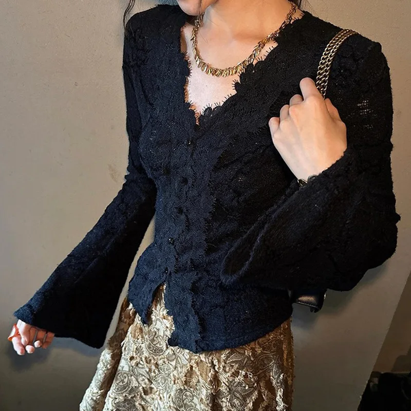 Women Fashion Elegant Lace Patchwork Top New V-Neck Bell Sleeve Slim Fit Base Layer Stylish Soft Texture All-Match Casual Party