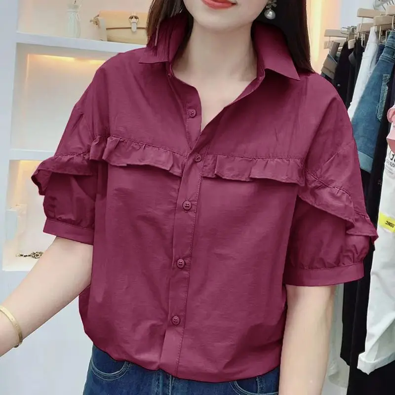 Women\'s 2024 Summer Splicing Turndown Collar Button Fashion Solid Color Ruffle Edge Waist Wrap New Loose Casual Ice Silk Shirt