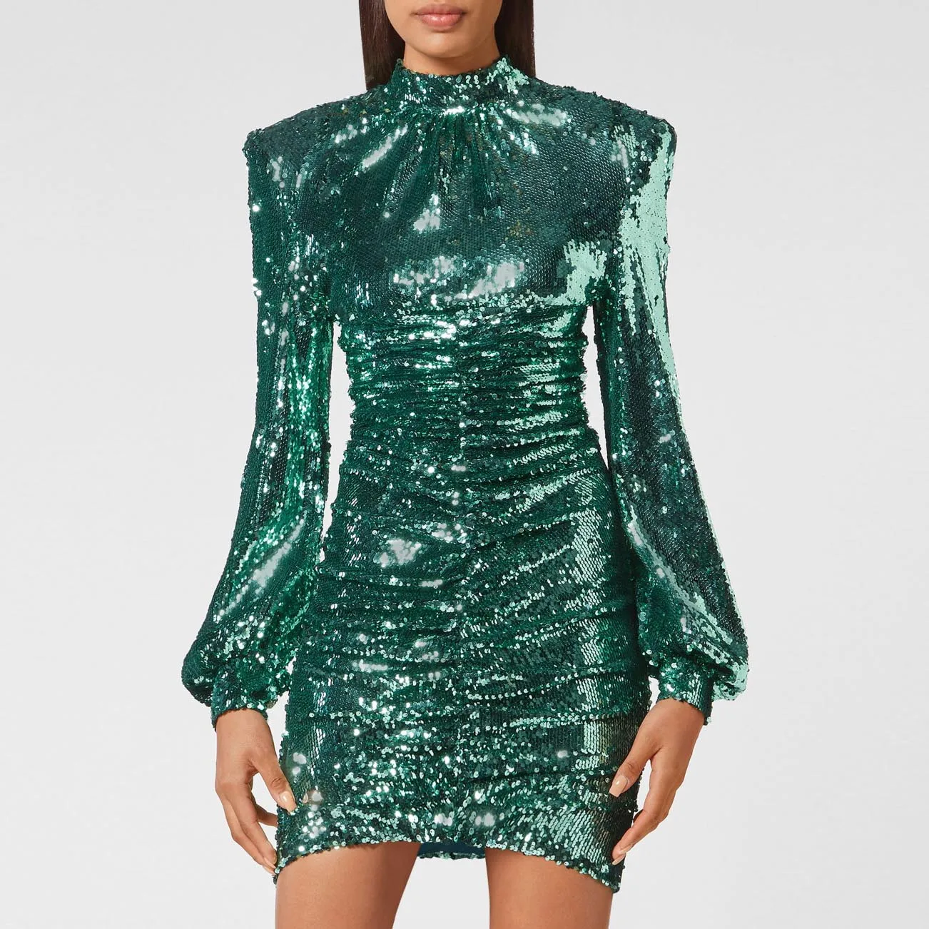 

High Neck Sequins Party Dress Long Sleeve Mini Dresses With Zipper Green Woman Clothes Sexy Cocktail Female Dress Sexy Bodycon