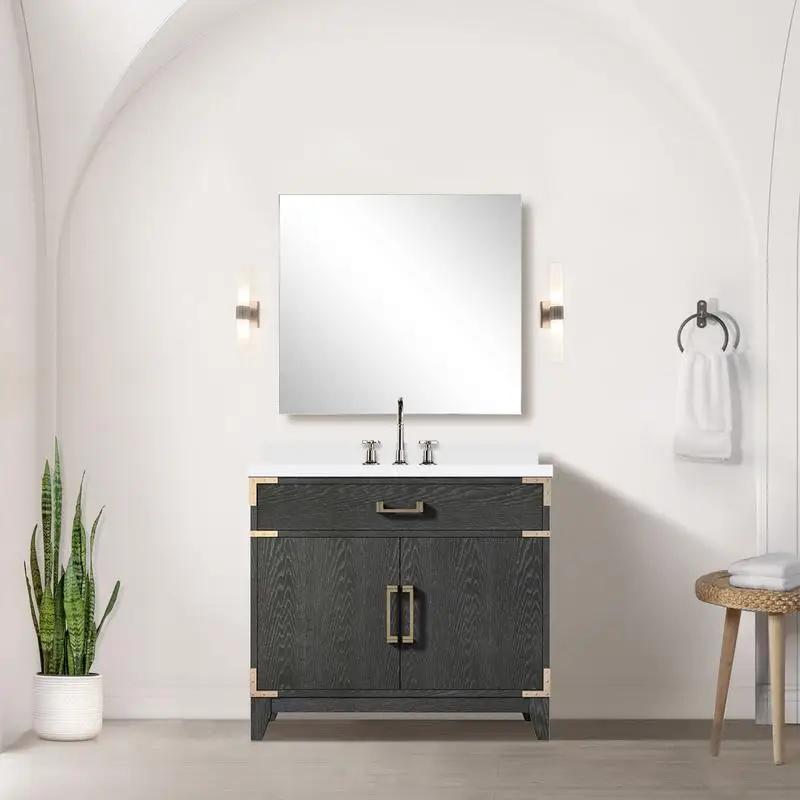 

Одноместный туалетный столик 36 дюймов со столешницей из белого кварца и зеркалом 34 дюйма, отделка черного дуба, стильная мебель для ванной комнаты