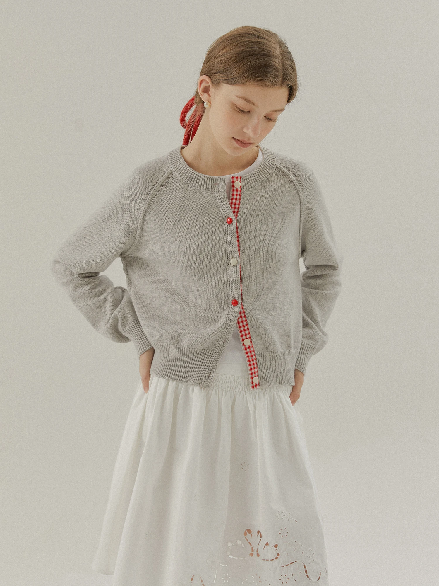 LLANO Grandmother Style Knitted Sweater Coat Women's Early Autumn Soft Wind Vichy Check Grey Mist Vintage Open Cardigan