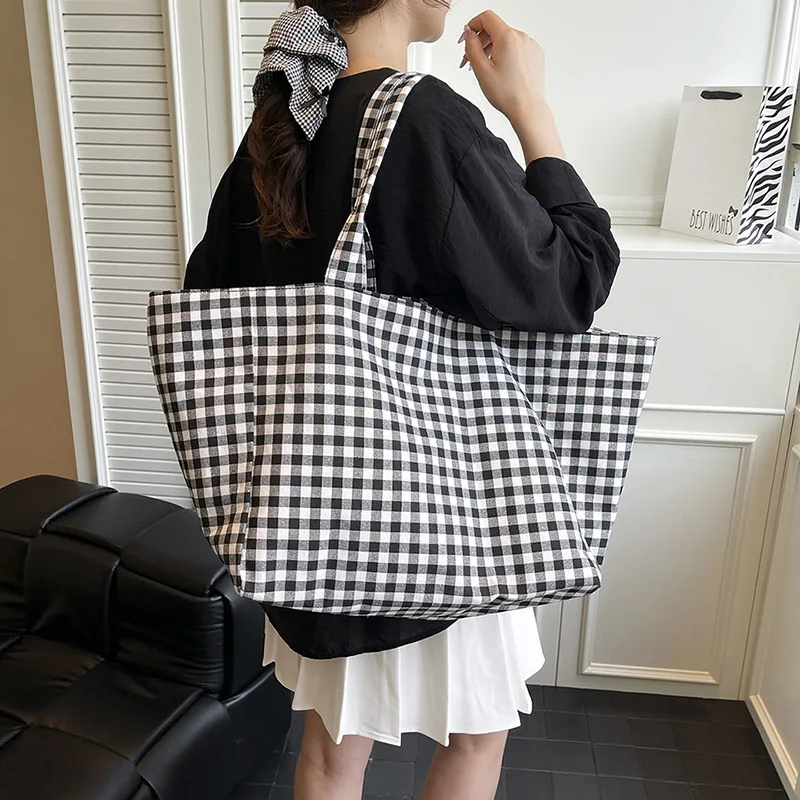 

Simple Plaid Canvas Tote Bag for Women Large Capacity Female Shopping Shoulder Bags Casual Reusable Checkered Travel Handbags