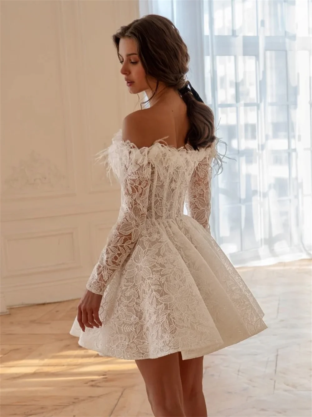 TULX Luxury Mini Lace Wedding Dresses Off Shoulder Long Sleeves Bridal Gowns A line Short Engagement Party Dresses Customized