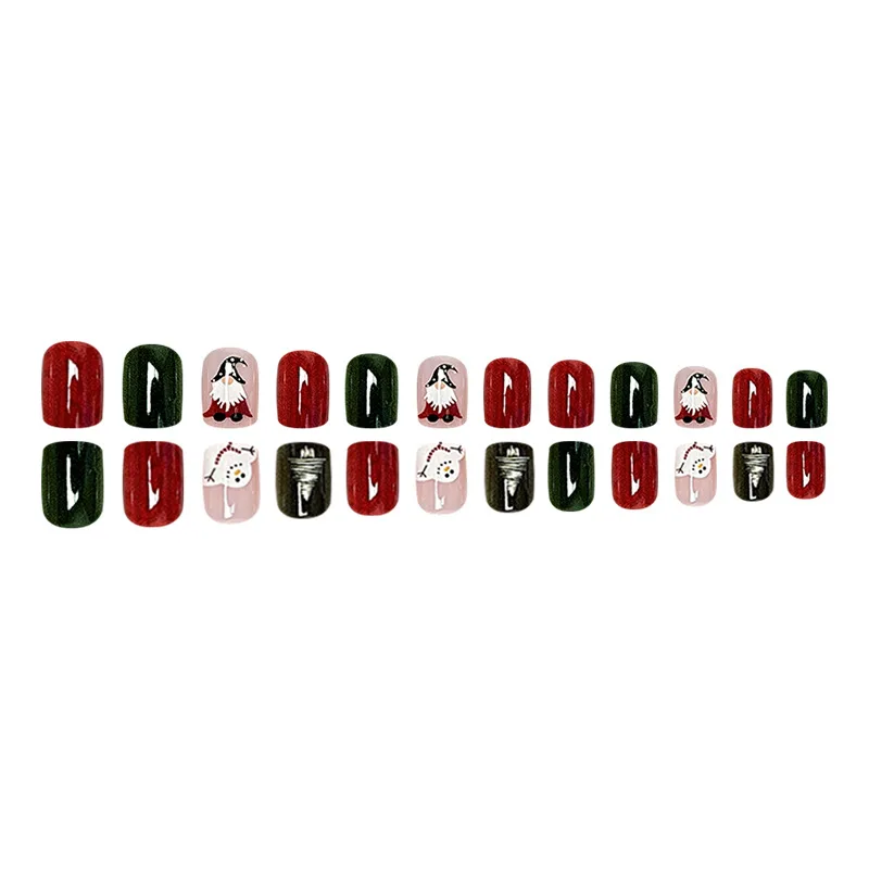 Faux ongles de Noël Kawaii à presser avec des onglets collants, bouts d'ongles carrés, rouge et vert, hiver, N64.24 pièces