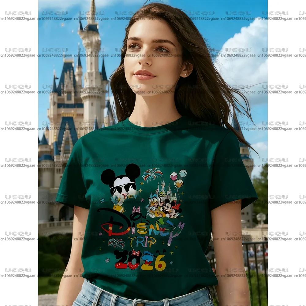ديزني Y2k ملابس النساء الأسرة عطلة هدية زوجين ديزني لاند الفتيات تي شيرت المحملة 2026 القطن ميكي السنة الجديدة عيد الميلاد رحلة علوية #4