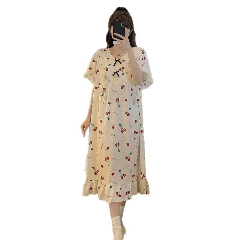 Women'S Summer Nightgown, Cloud Cotton Short-Sleeve Plaid Long With Chest Pads, Casual And Loose-Fitting Ins Home Dress view 5