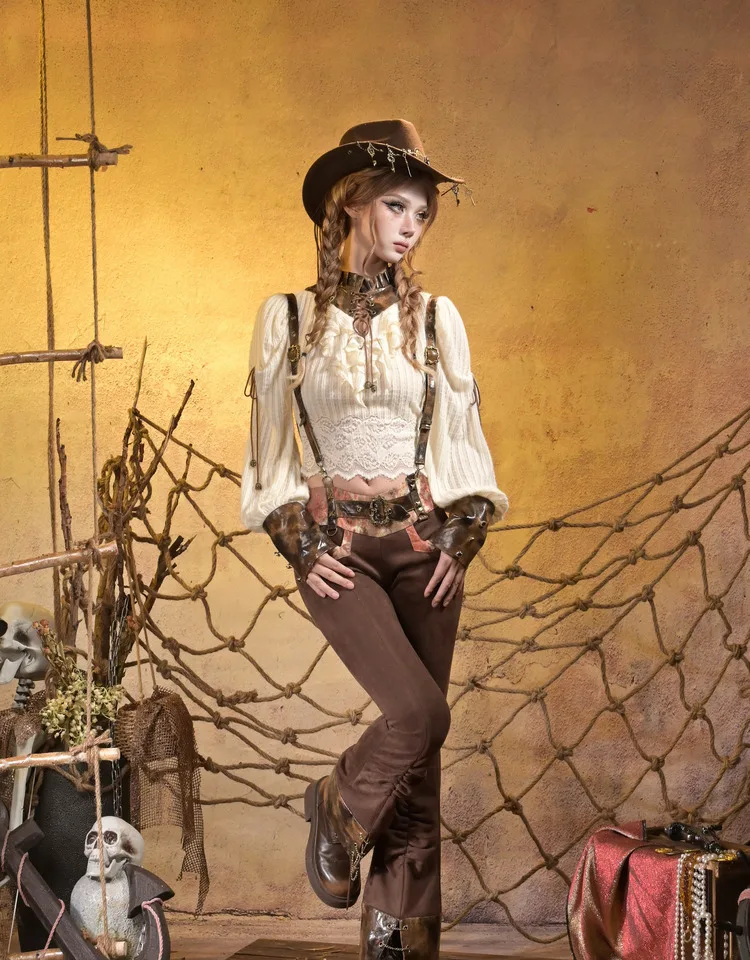 شتاء جديد البحرية طوق الدانتيل متابعة كشكش قميص النمط الياباني Rojita سليم صالح نصف عالية طوق نفخة الأكمام بلوزة الملابس النسائية #6