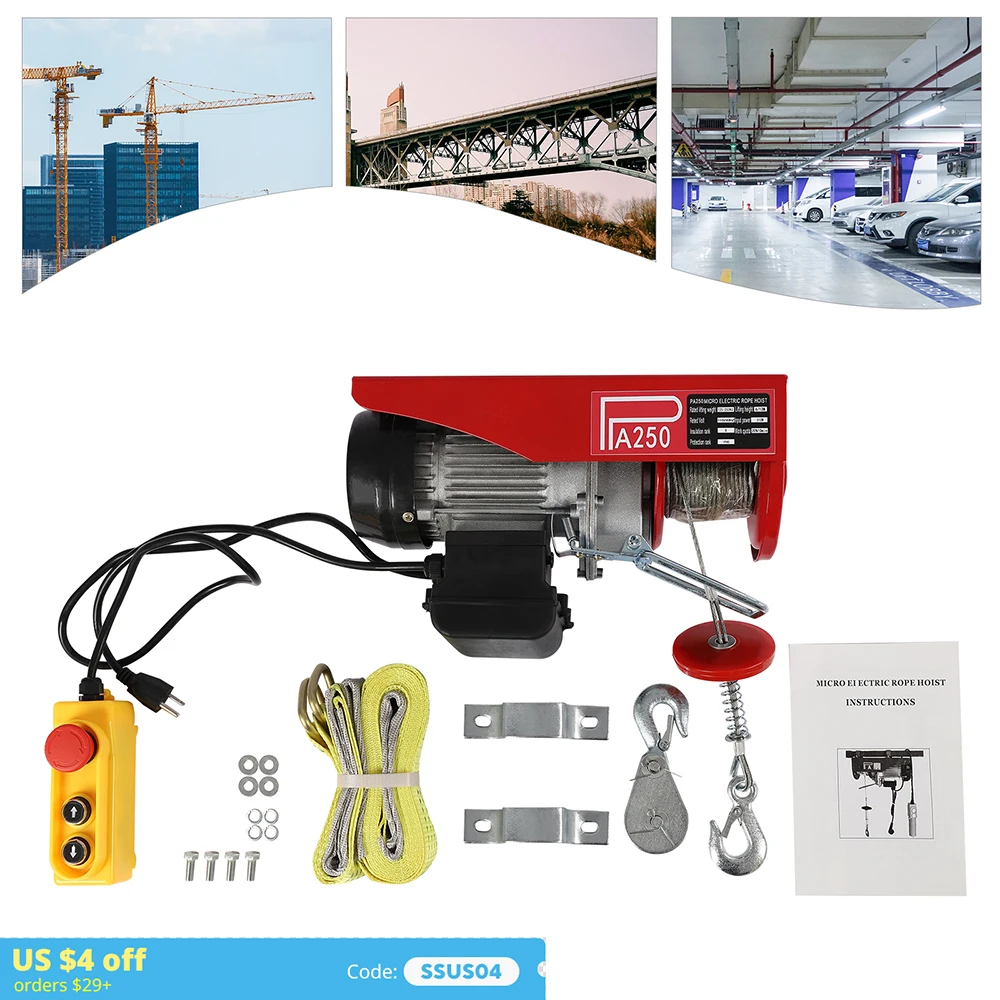 

125kg 110V Electric Hoist with Remote Control & Single/Double Slings Electric Winch for Garage Factories