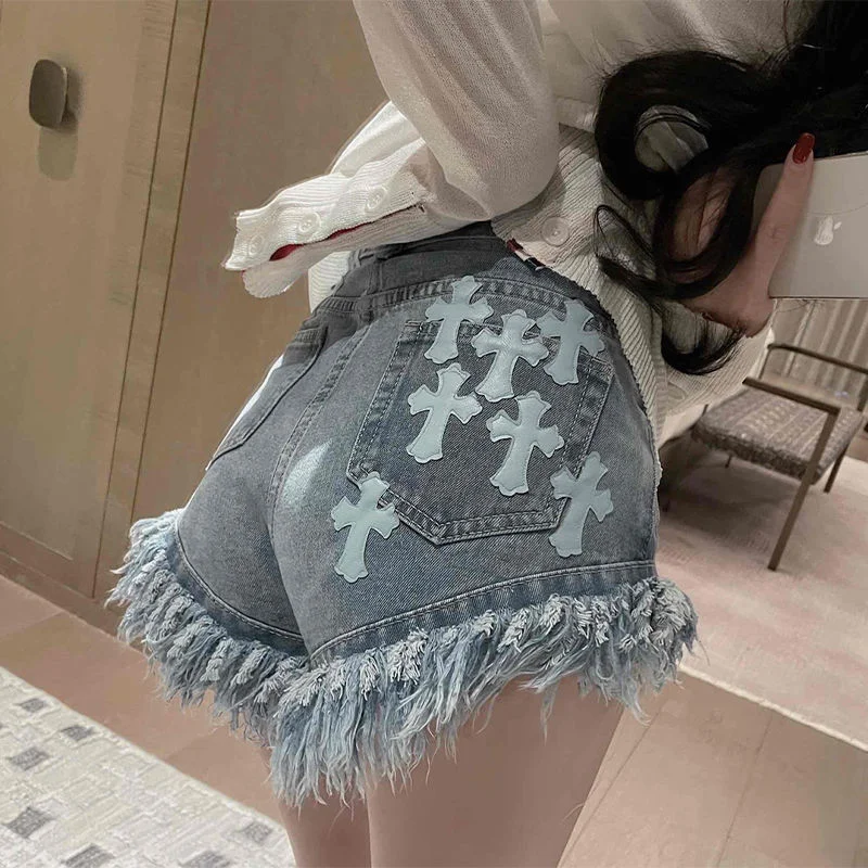 Raw Edge Fransen Gothic Style Denim Shorts weibliche Sommer amerikanische Straße hohe Taille Design Sinn lässig ein Wort super kurz