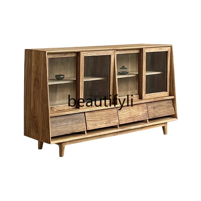 Integrated solid wood meal preparation side cabinet, elm living room wall glass tea locker