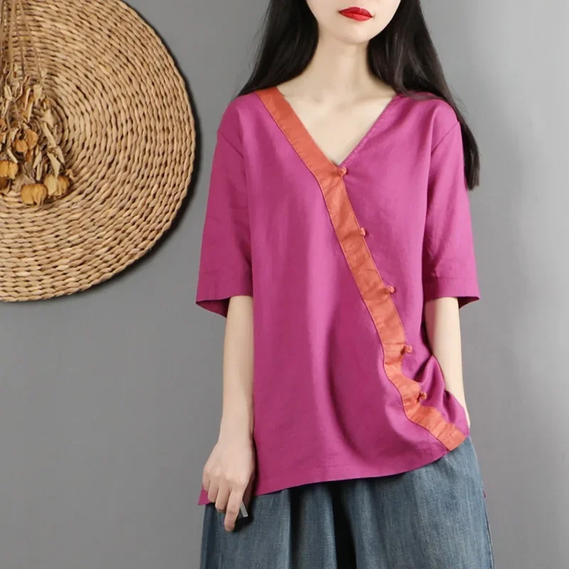 Summer Traditional Chinese Style Clothing Women Classic Tang Suit Qipao Shirts Cotton Linen Ethnic Vintage Chinese Top 12208