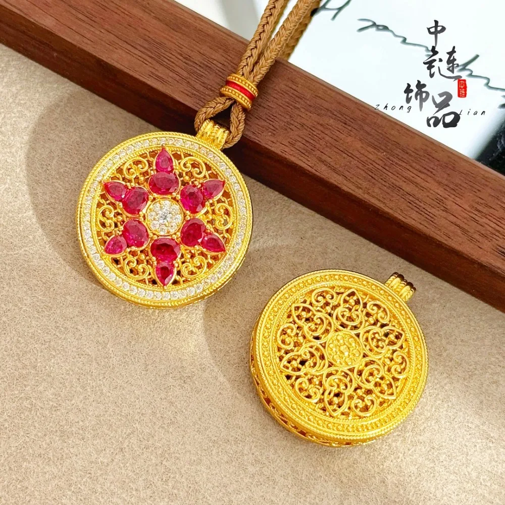 Rose red diamond six blessing calabash compass pendant 9999gold