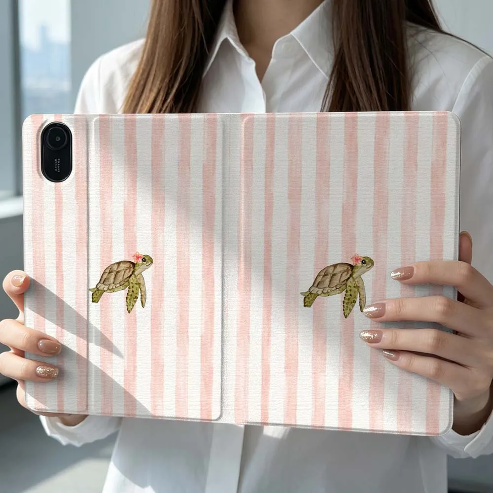 Чехол-подставка для планшетов Xiaomi Poco Redmi Pad 8, 2, 4, C1, 6, 6S, 7, 7S, SE 9.7, 14, 11, 11.2, 12.1, 12.5 дюймов с рисунком черепахи и розовыми полосками