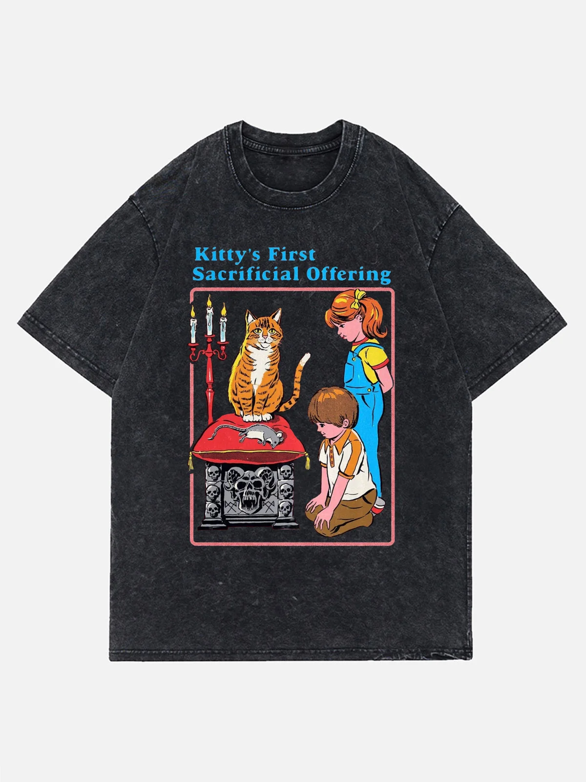 Kitty First Sacrificial Offering Washed T Shirt Men Women Graphic Y2K Cotton Tshirt Unisex Harajuku Streetwear T-shirt