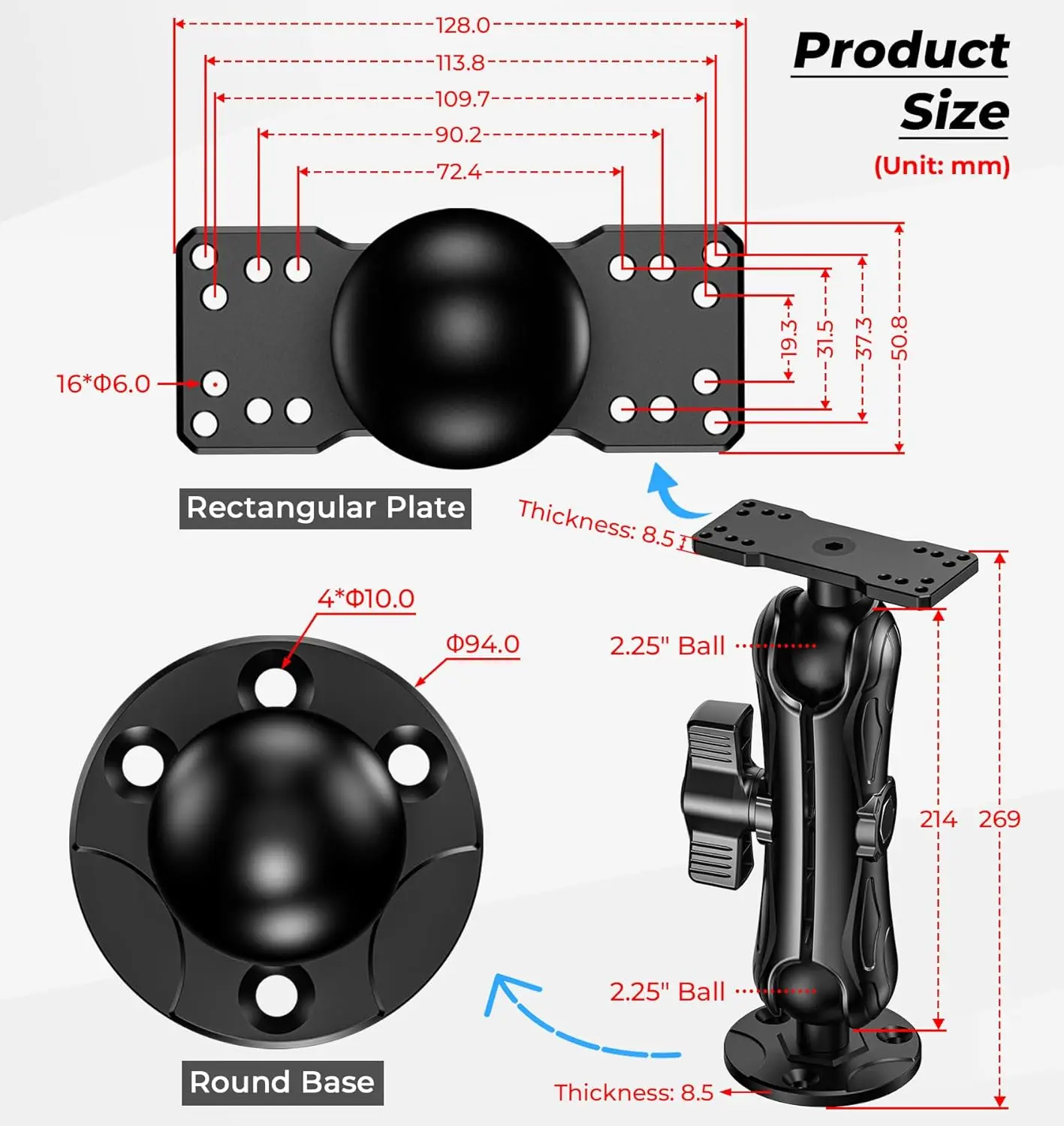 حامل مكتشف السمك كبير من سبائك الألومنيوم مقاس 2.25 بوصة، ذراع متوسط 8.44 بوصة، متوافق مع Garmin، Lowrance، Humminbird