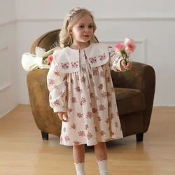 Autumn Square Collar Flower Embroidered Girls' Dress Countryside Birthday Party Loose Print Long Sleeved Dress for Children