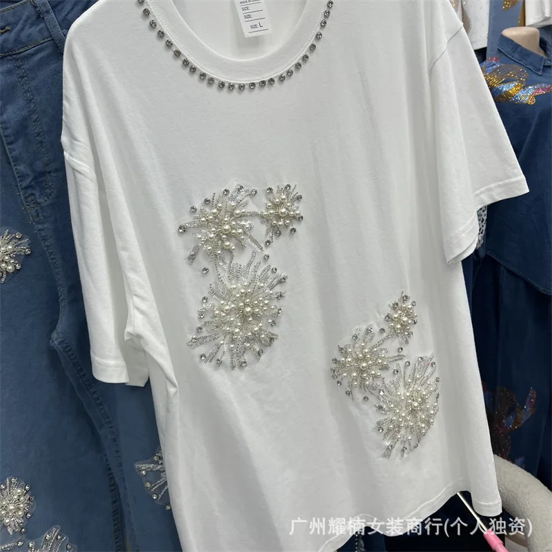Fashion Spring Summer Women Two-piece Set Floral Diamonds Beads White Short Sleeve T-shirt Top + High Waist Blue Wide Leg Jeans