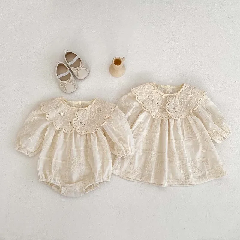 MILANCEL Autumn 2024 Baby Girls Clothes Sister Dress Embroidered Long Sleeve Infant Bodysuit Big Turn Down Collar Princess Dress