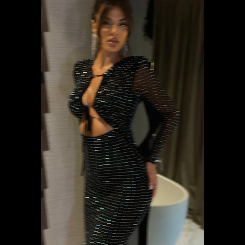 ชุดเดรสปักเลื่อมสุดหรู แขนยาว คอเว้า ประดับลูกปัด ความยาวปานกลาง เหมาะสำหรับงานปาร์ตี้